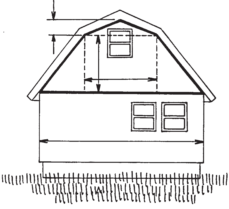line drawing of house with arrows showing how to measure gable area of barn style roof