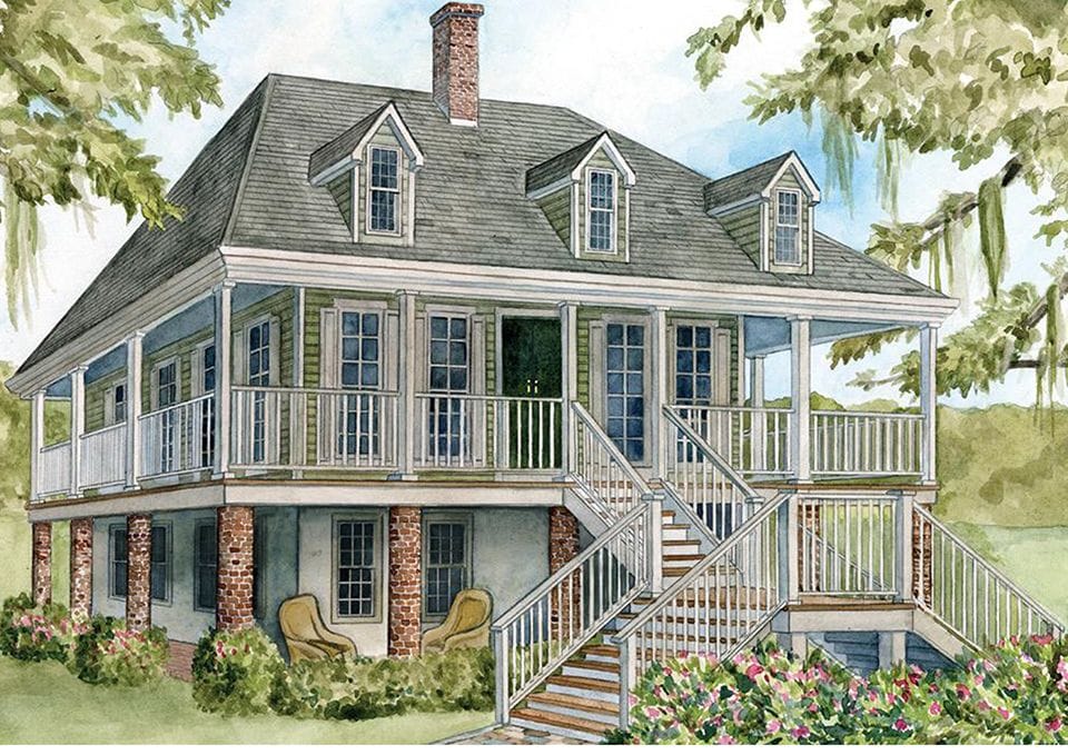 watercolor painting of a French colonial style home