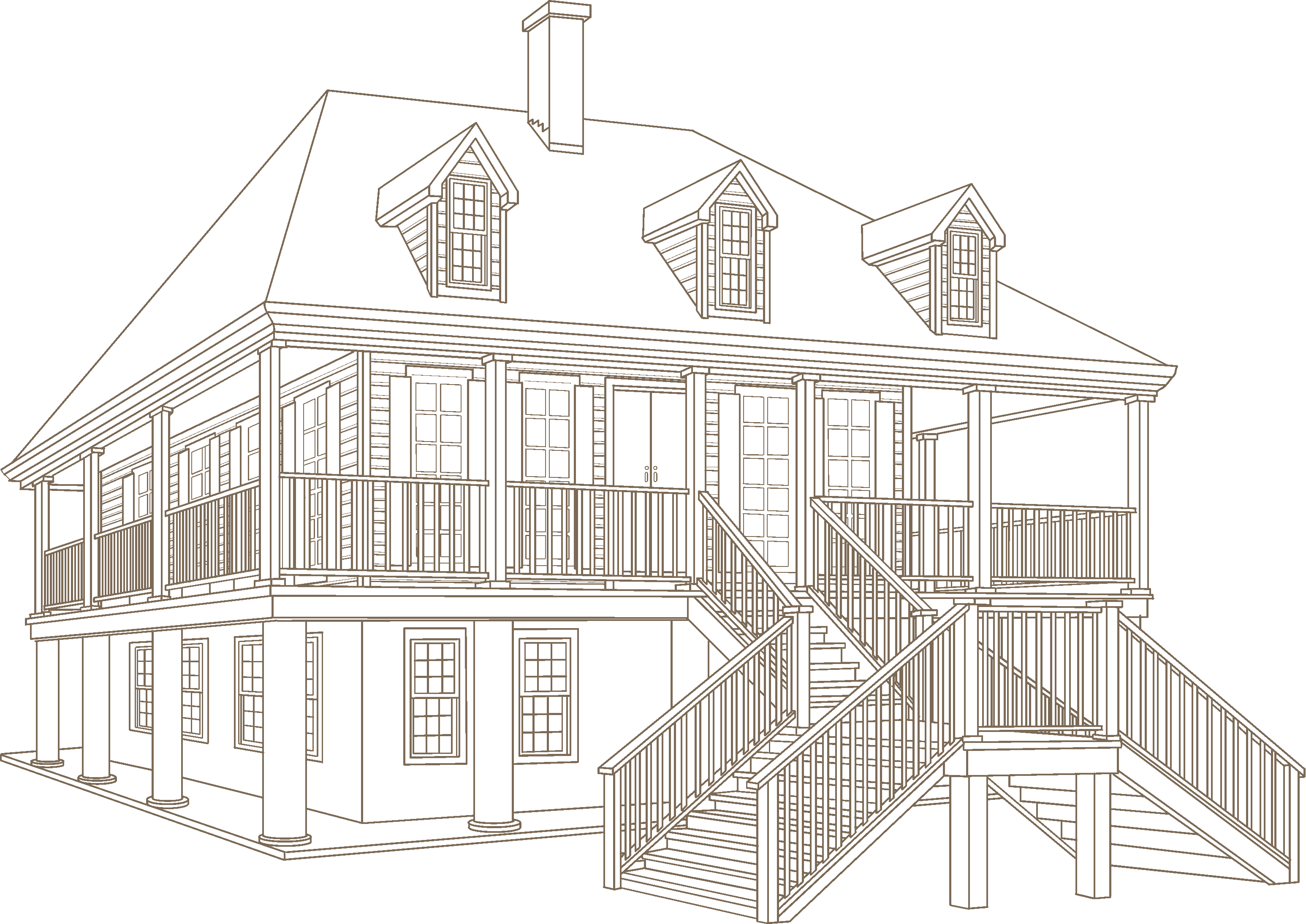 line drawing of a French colonial style home