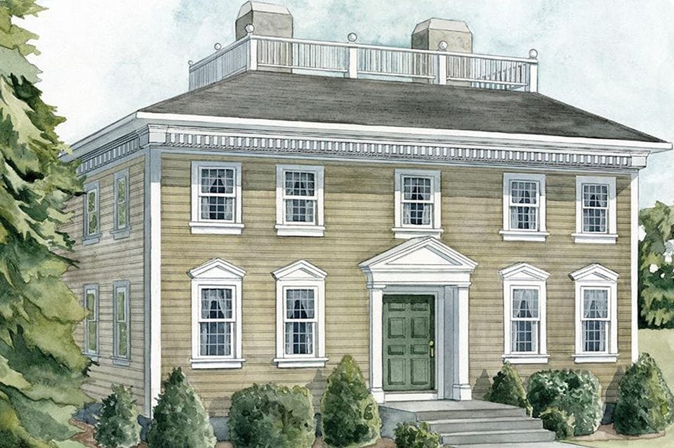 watercolor painting of a Georgian style home