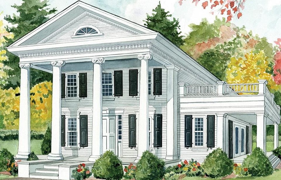 watercolor painting of a Greek Revival style home