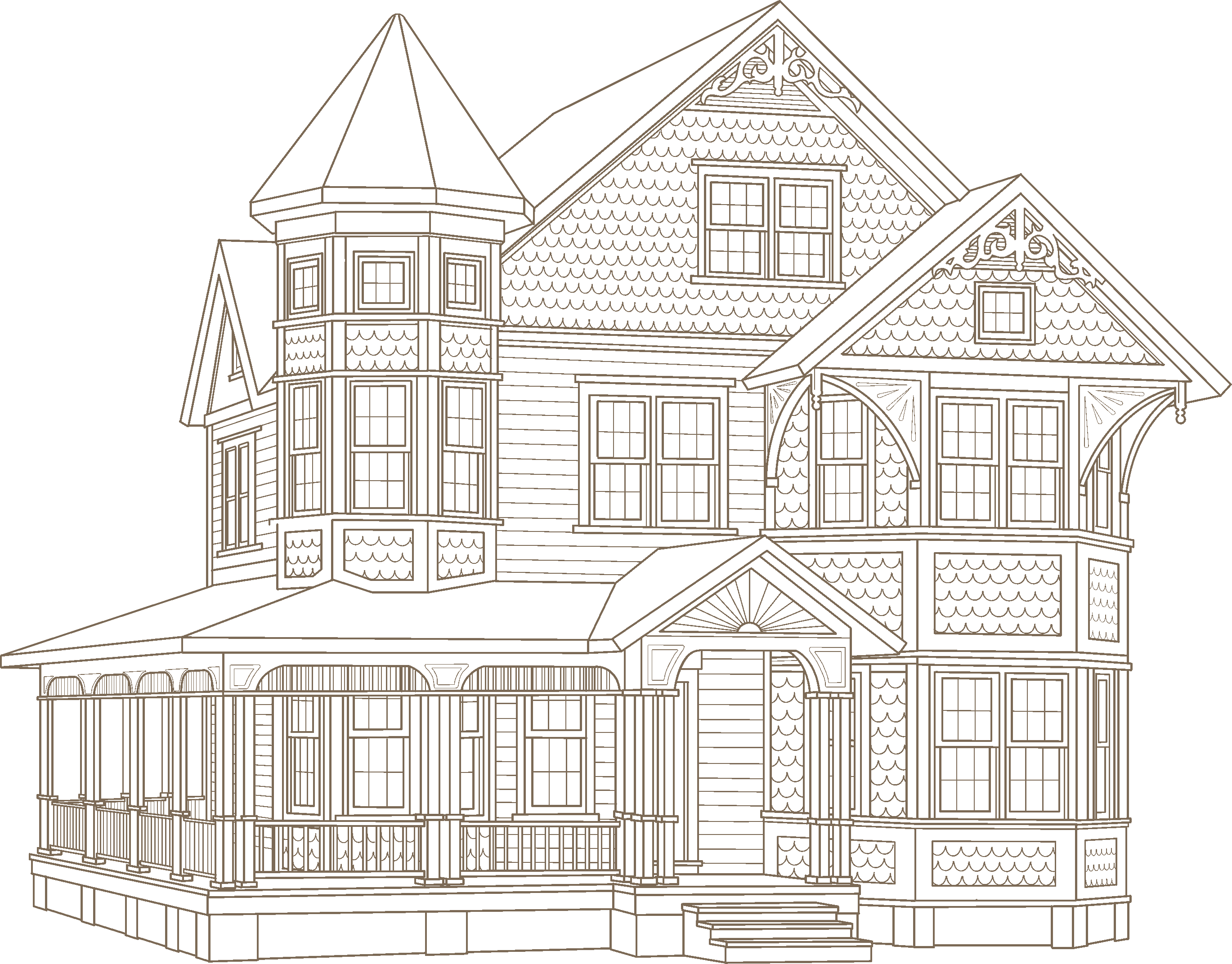 line drawing of a Queen Anne style home