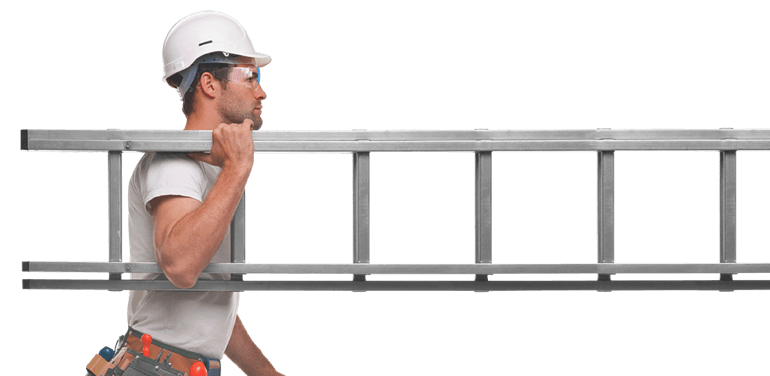 worker carrying extension ladder